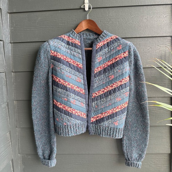 Handmade Sweaters - Vintage Patchwork Floral Knit Cropped Cardigan Cottagecore Grandma Core